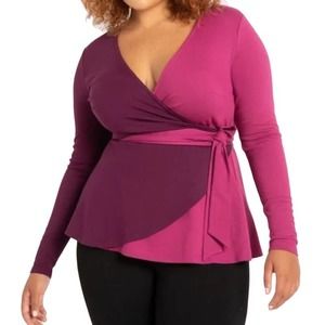 ELOQUII Colorblock Wrap Top Purple Fuchsia Stretch Knit NWT Womens Size Plus 24W